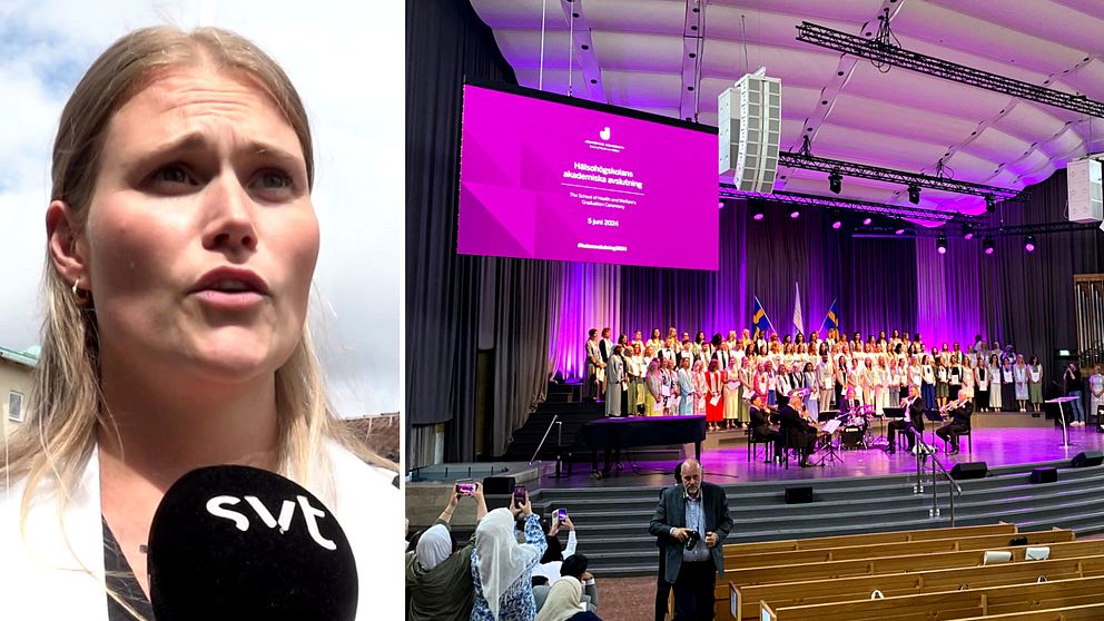 Sjuksköterskor som tar studenten på scenen i pingstkyrkan i Jönköping