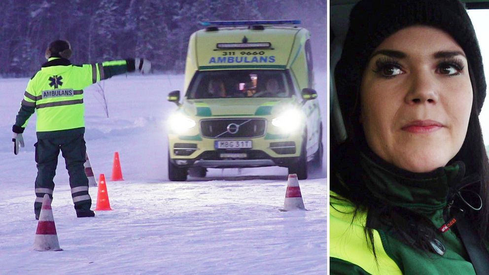 Zandra Kalenius, tränar att köra ambulans på isbana.