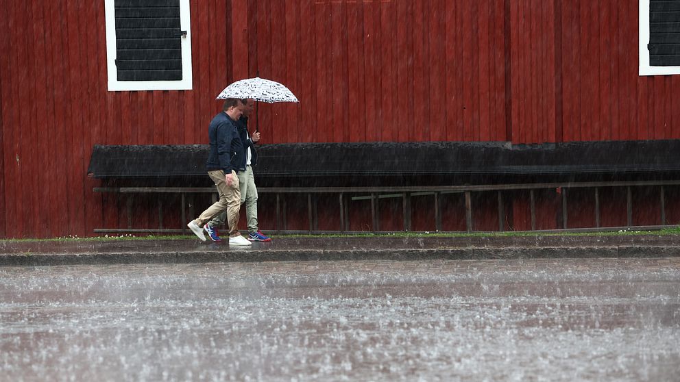 Man går med paraply i kraftigt regn.