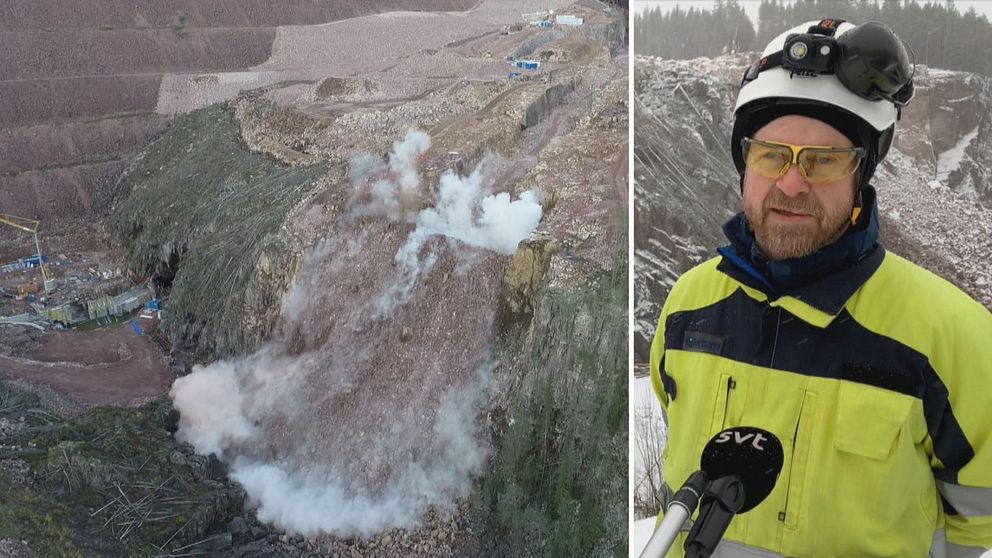 sprängning av bergmassor vid damm, och en man i gula kläder och skyddshjälm som intervjuas av SVT