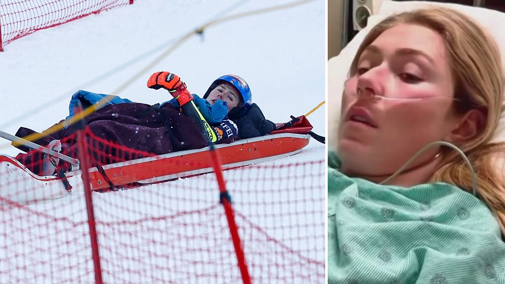Splitbild på Mikaela Shiffrin, en från skidbacken och en från sjukhussängen.