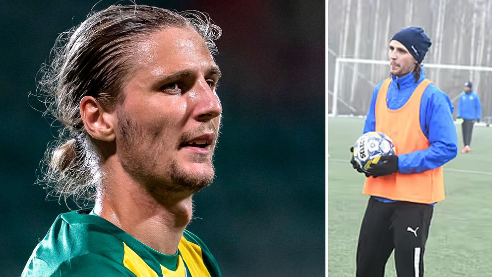 En delad bild som visar två fotbollsspelare. Till vänster, en spelare i en grön och gul tröja med kort hår sett i profil. Till höger, en annan spelare iförd en orange väst som håller en fotboll, stående på en plan omgiven av träd i bakgrunden.