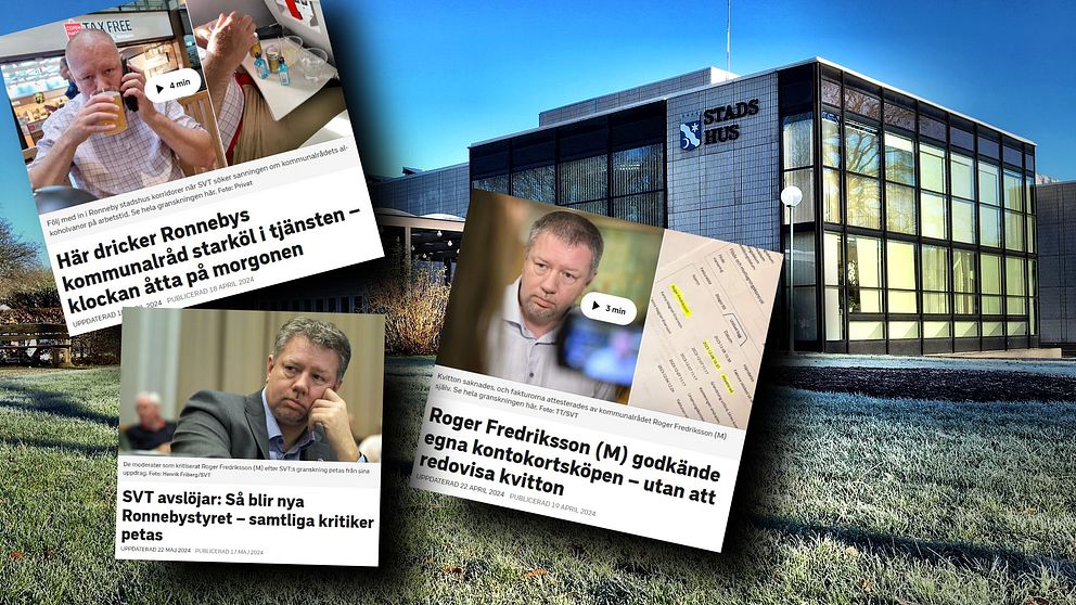 En delad bild som visar en byggnad för stadsförvaltning i Rönneby som ligger i bakgrunden, med ett frodigt grönområde framför. Framför byggnaden finns tre nyhetsartiklar med rubriker om kommunala frågor och politik. Den första artikeln handlar om kommunalrådets frukostvanor, den andra om kritik mot Rönnebystyret och den tredje om ett beslut av Roger Fredriksson gällande kontokortsinköp.
