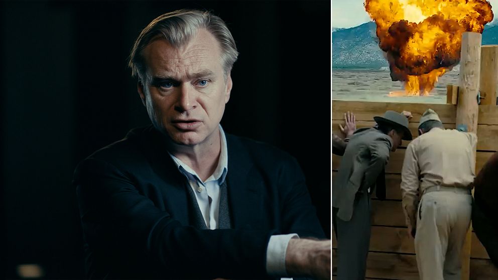 Christopher Nolan och en bild ur filmen Oppenheimer