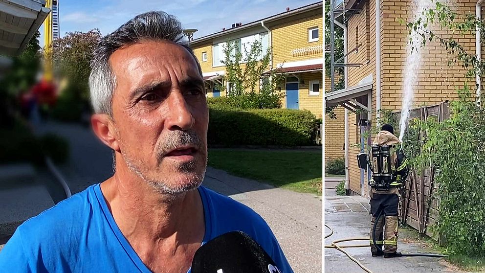 Man i kort hår intervjuas. Brandman sprutar vatten mot fastighet efter brand i radhus i Västerås.