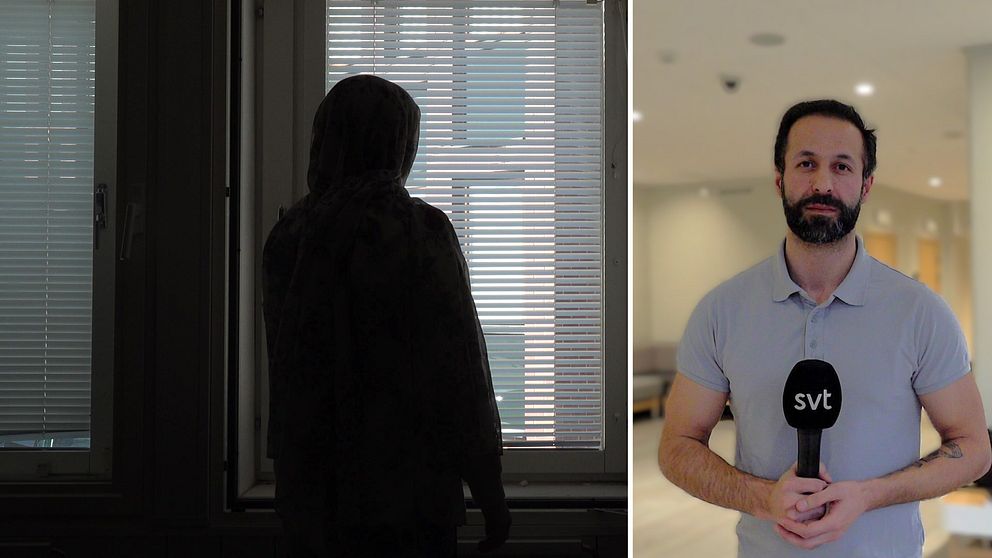 Tvådelad bild. Vänster: person står vid fönster. Höger: reporter med mikrofon inomhus.