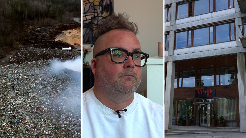 Tredelad bild. Till vänster: rök vid avfallshög i Botkyrka. I mitten: person i vit tröja. Till höger: entré till byggnad med WSP-skylt.
