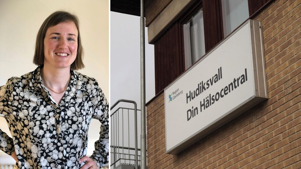 I bild till vänster: Allmänläkaren Jessica Dolk. I bild till höger: Ett hörn av den gula tegelfasaden till Hudiksvalls hälsocentral.