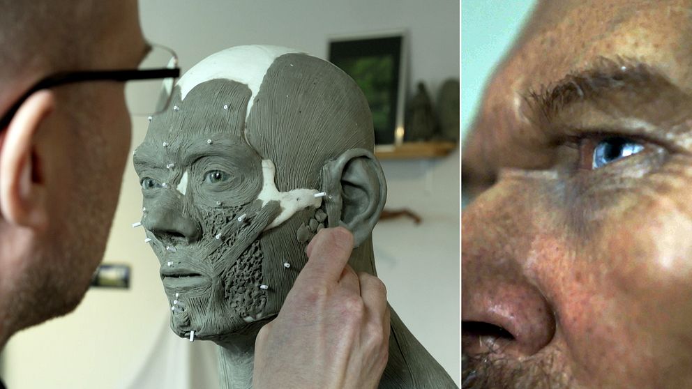 En man bygger en rekonstruktion av ett ansikte. En närbild på ett ansikte.