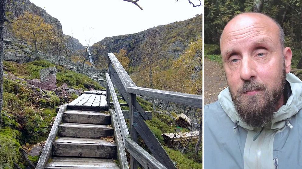 Trappa och brädor på marken ute i naturen och bild på Fredrik Lindström.