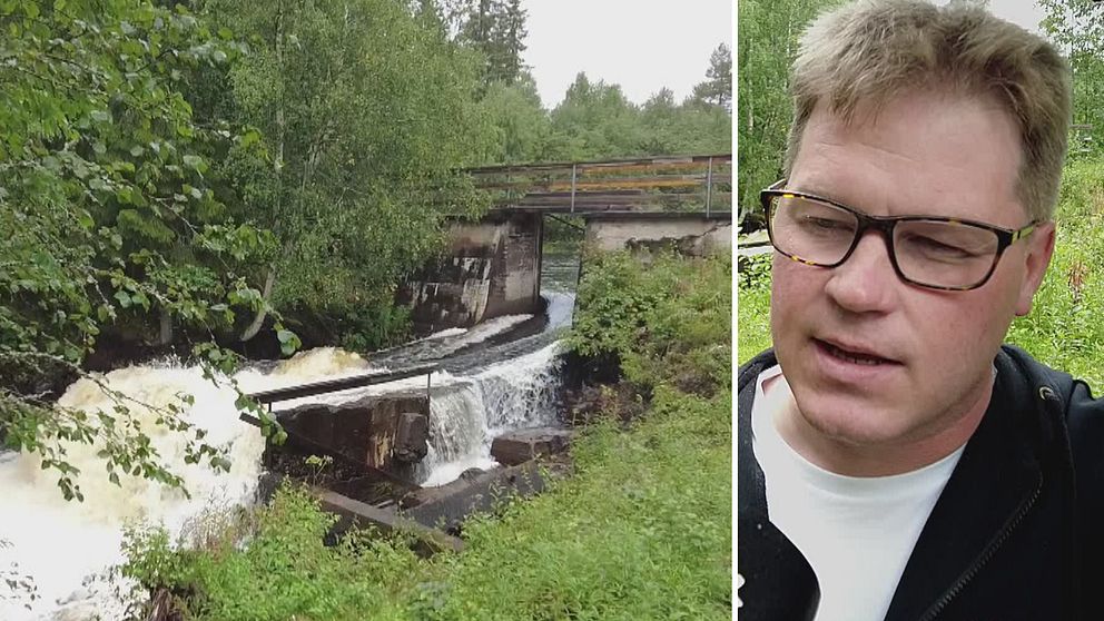 Delad bild – till vänster en bild på en fors där vatten strömmar, till höger en bild på en man med kort hårt och glasögon.