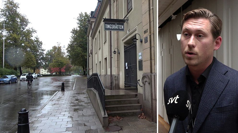 En delad bild. Den vänstra sidan visar en gata med regn och Norrköpings tingsrätt. Den högra sidan visar Philip Eriksson, regionchef för Kåpan fastigheter, som intervjuas.