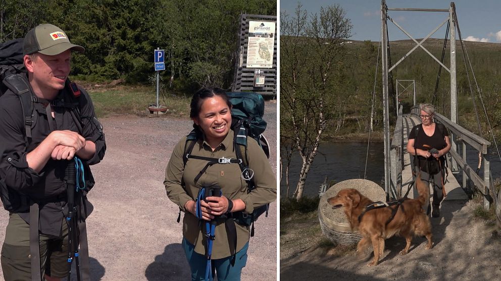 Två bilder på fjällturister i Grövelsjön. Till vänster: paret Huutoniemi/Tusoy – en man med keps, mörka vandringskläder och ryggsäck och en kvinna med svart hår, gröngrå vandringskläder och en ryggsäck. Paret lutar sig mot var sitt par vandringsstavar.  Till höger: Maria Holmgren, en kvinna med kort blont hår, svart t-shirt och gröna vandringsbyxor. Hon har även en gyllenbrun hund.