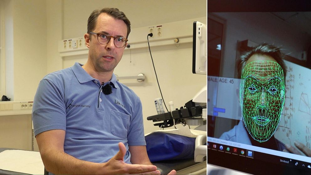 En läkare sitter i ett undersökningsrum. I bakgrunden syns en ultraljudsmaskin. Till höger syns en AI.