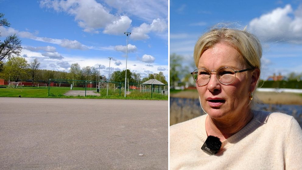 Delad bild. Vänster: tom idrottsplats utomhus. Höger: person utomhus med mikrofon.