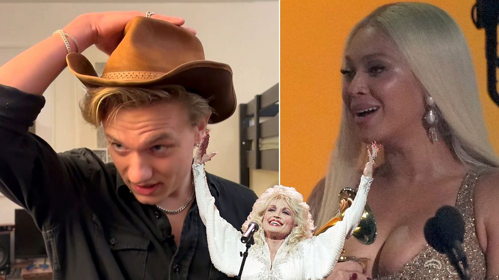 Delad bild: Den vänstra sektionen visar en person som håller på att ta av sig en cowboyhatt inomhus, medan den högra sektionen visar en glamoröst klädd person på en scen med en mikrofon bredvid sig. I mitten framträder en underhållare med utsträckta armar som sjunger eller talar inför en publik.