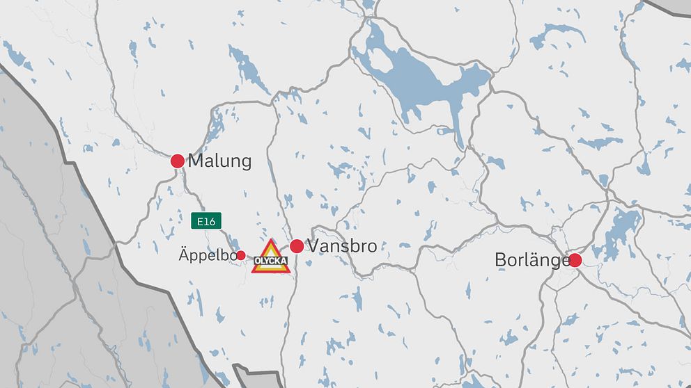 Karta över Dalarna med trafikvarning nära Vansbro och Malung.