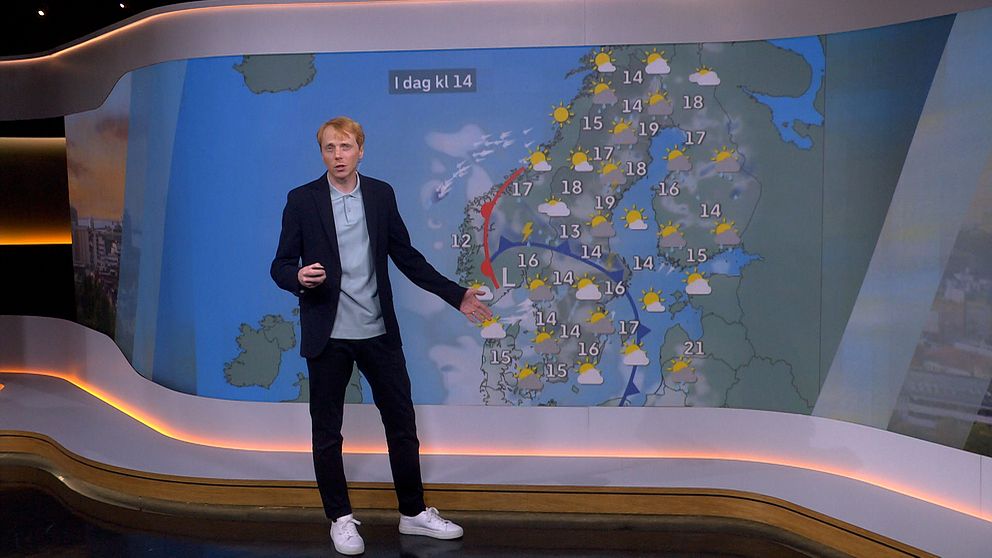 SVT:s meteorolog Marcus Sjöstedt ger prognos för landet under dagen. Det väntas kraftiga skyfall.