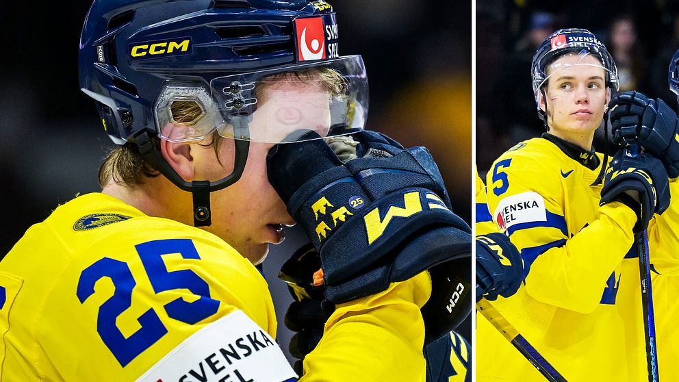 En delad bild som visar två sektioner av en svensk ishockeyspelare i en gul matchtröja. Den vänstra sektionen visar spelaren som kramar en lagkamrat, med tydlig fokus på nummer 25 på tröjan. Den högra sektionen visar samma spelare som håller sin klubba, i en uppmuntrande pose. Kontexten tyder på en känslosam stund under en match eller ett firande.