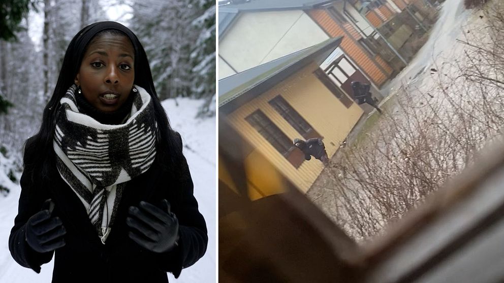 reporter Sofia Yohannes och stillbild på två unga pojkar med ett automatvapen i Dalen, Stockholm.