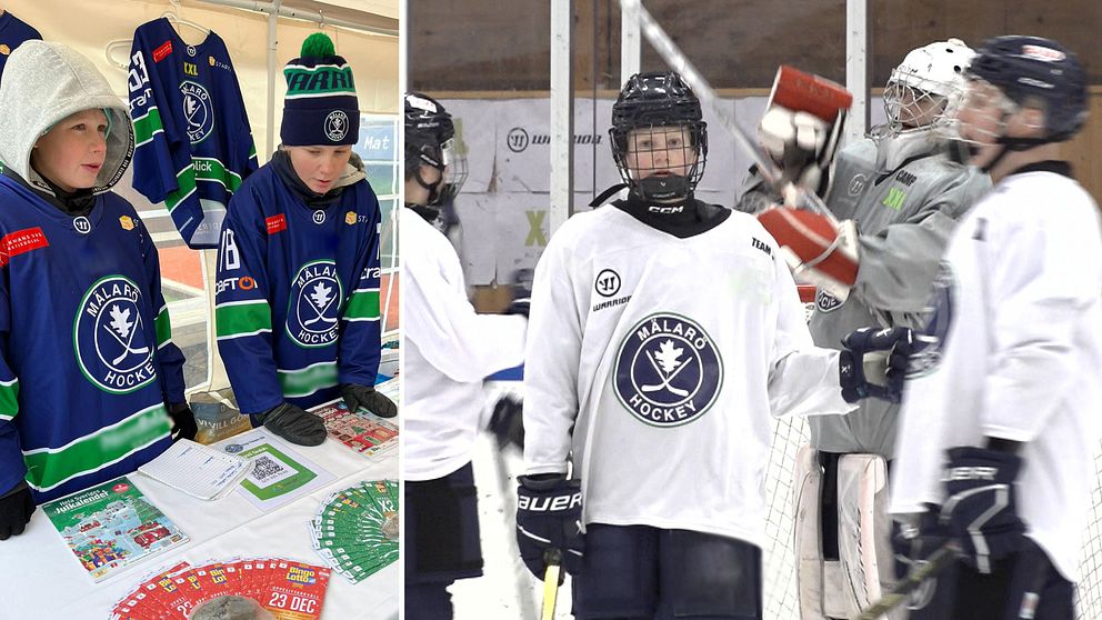 tvådelad bild med killar som säljer lotter till vänster och ishockeyspelare till höger