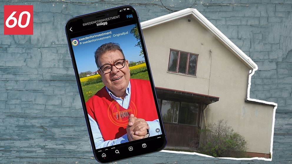 Kadry El Naggar säljer hus till köpare i Mellanöstern där köparna tror att de ska får uppehållstillstånd. Ett hus och Kadry på bild.