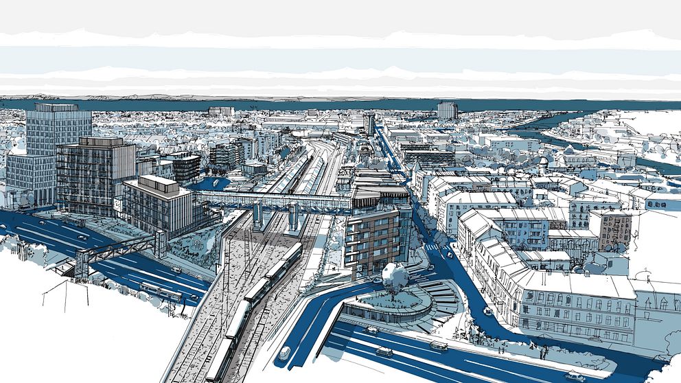En detaljrik illustration av en stadsscenen i Halmstad som visar en vy över stadens arkitektur och infrastruktur. Byggnader av olika höjd och stil är synliga, och järnvägsspåren korsar stadsmiljön. Gator och trafik är utmärkta med kontrasterande färger, där stadens landskap smälter samman med en vidsträckt horisont i bakgrunden.