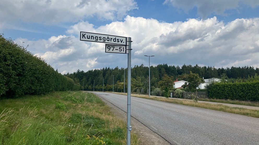 En bild på en väg och en vägren.  En skylt syns i förgrunden där det står ”Kungsgårdsvägen”