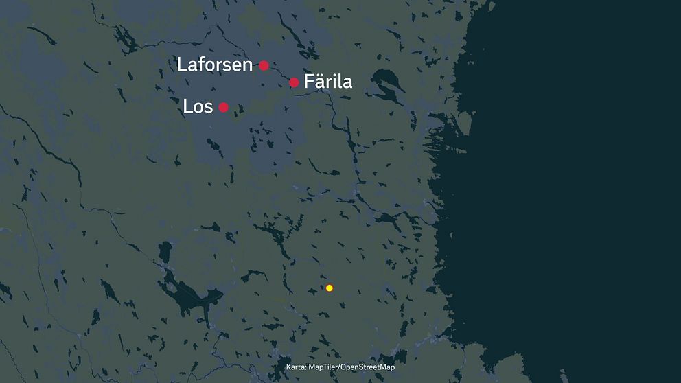 Bild över Gävleborgs län där tre prickar visar Laforsen, Los och Färila