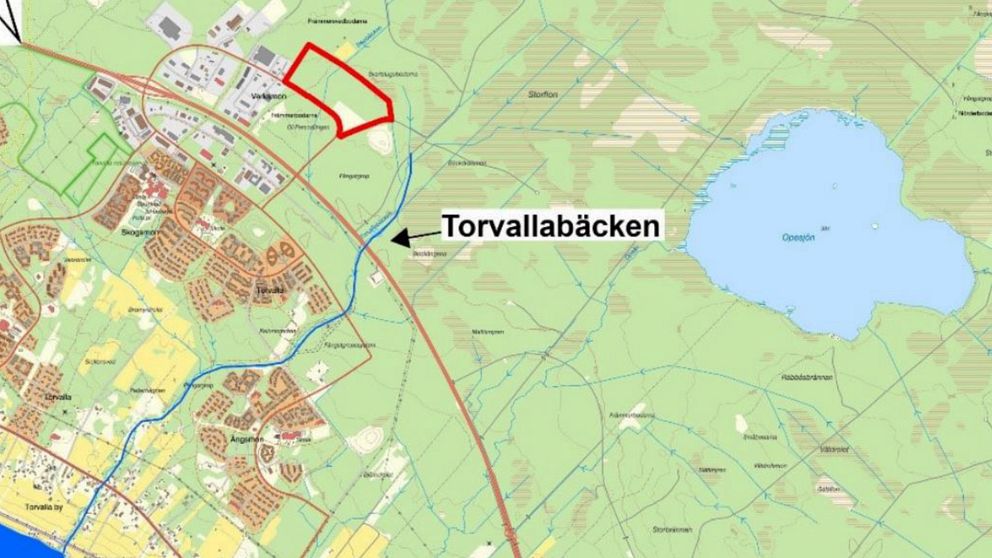 Karta över Torvallabäcken med markerat område i rött.