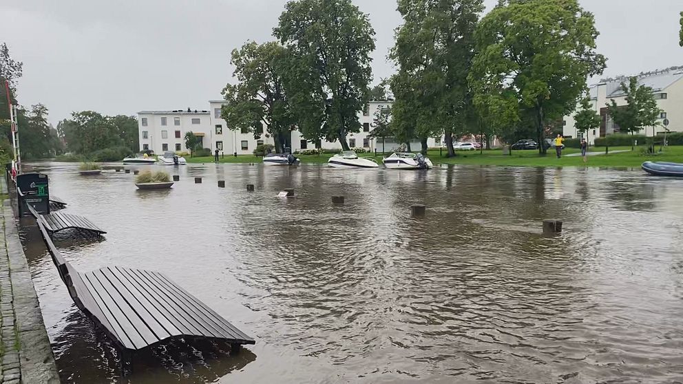 Kungsbackaån som svämmat över.