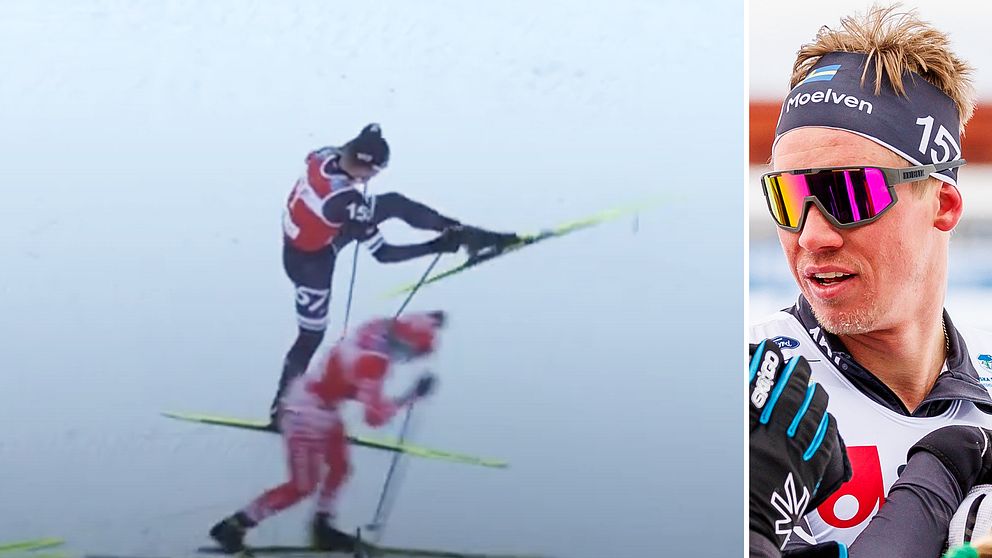 En delad bild som visar två scener från längdskidåkning. Till vänster syns en skidåkare som utför en teknik för att ta sig förbi en annan åkare i ett tävlingsmoment, medan den högra sektionen visar en närbild av en skidåkares utrustning och klädsel, inklusive skidor och hjälm.