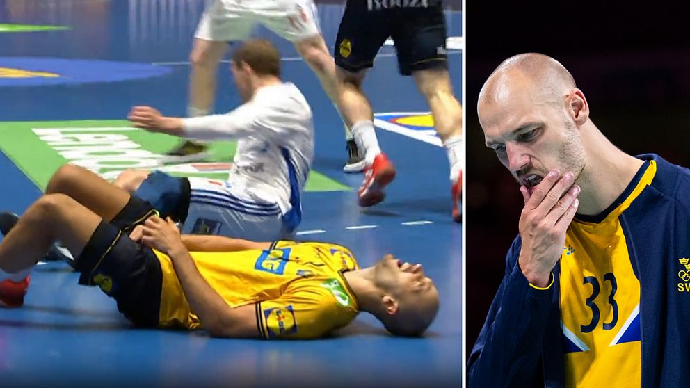 En delad bild som visar två scener från en handbollsmatch. I den vänstra sektionen ligger en spelare från Sverige på golvet efter en kollision, medan en annan spelare rör sig framåt i bakgrunden. Den högra sektionen visar en svensk spelare som ser bekymrad ut, troligtvis efter en missad chans eller ett nederlag.