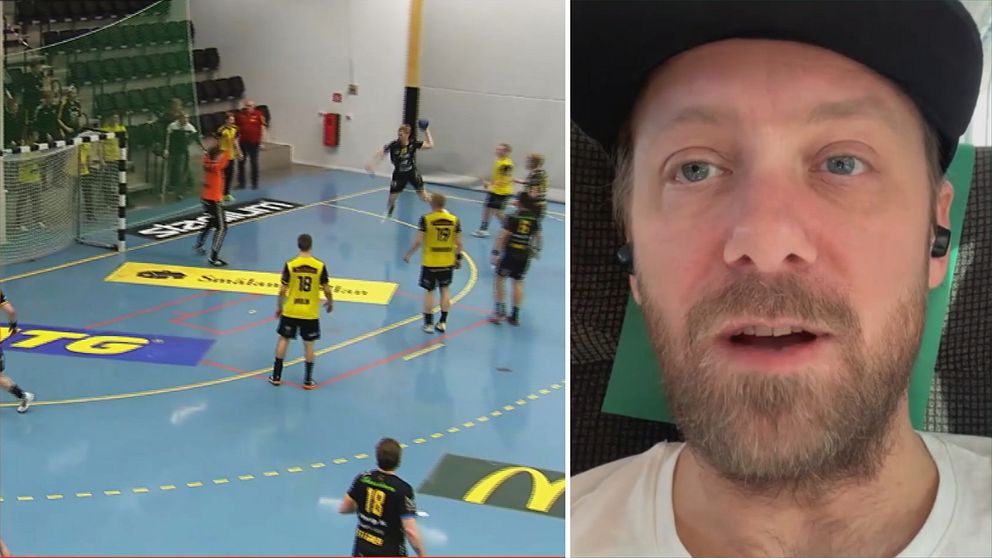 Tvådelad bild. Vänster: Handbollsmatch med spelare i gula och svarta tröjor.