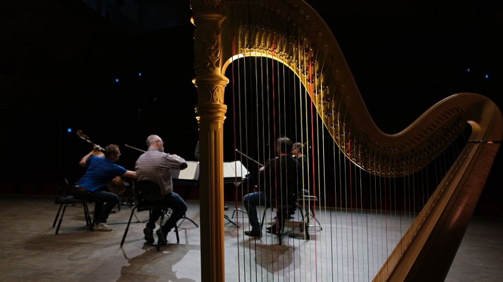 Stråkmusiker sitter på en scen och repeterar, bild tagen med en harpa i förgrunden.