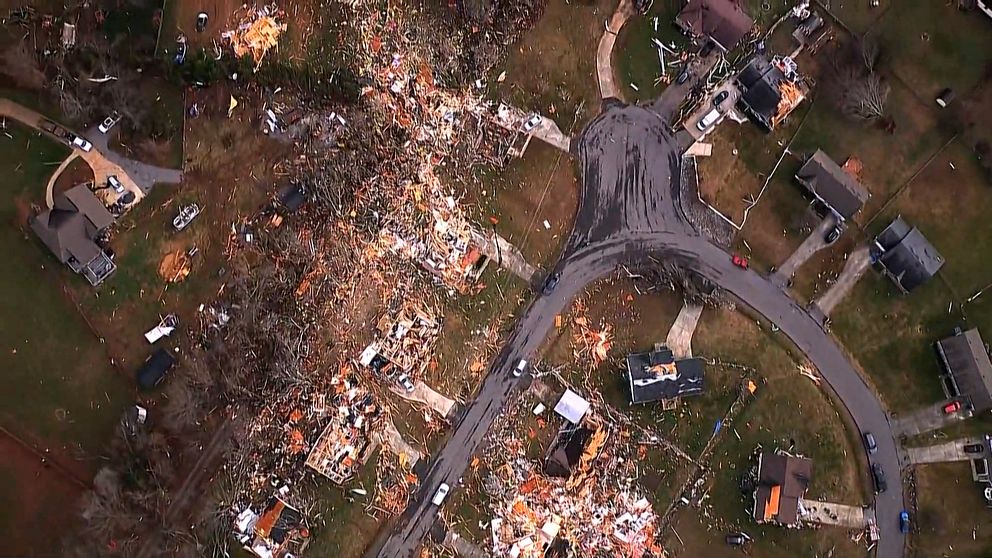 Eftermälet av en tornado i Tennessee.