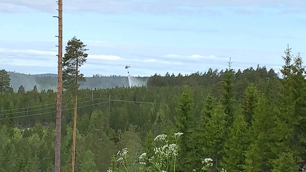 Helikopter släpper vatten på skogsbrand