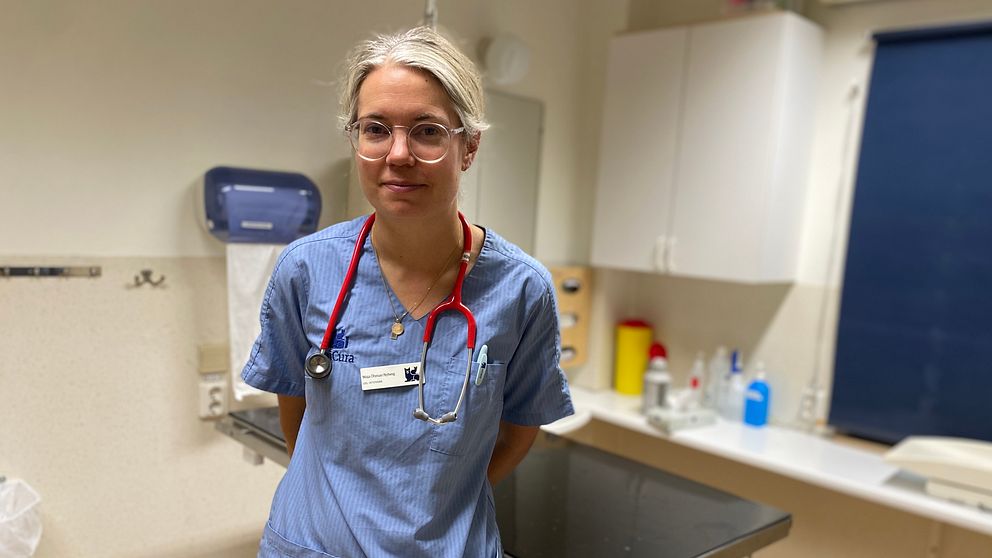 Veterinären Maja Öhman Nyberg i Falun, med blont hår, står iklädd blå arbetskläder och stetoskop och berättar om kennelhosta.