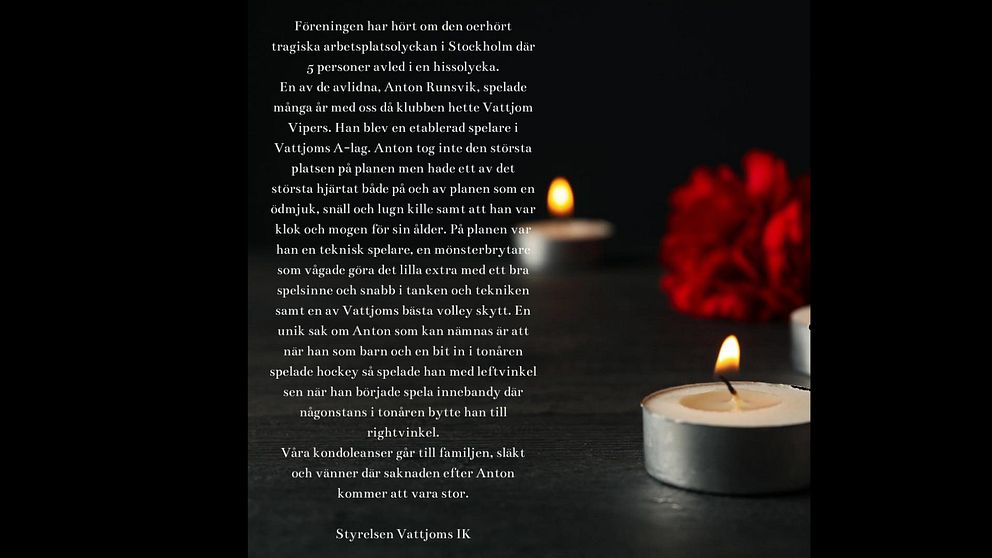 Vattjom IK:s inlägg på facebook för att hedra den omkomne Anton Runsvik.