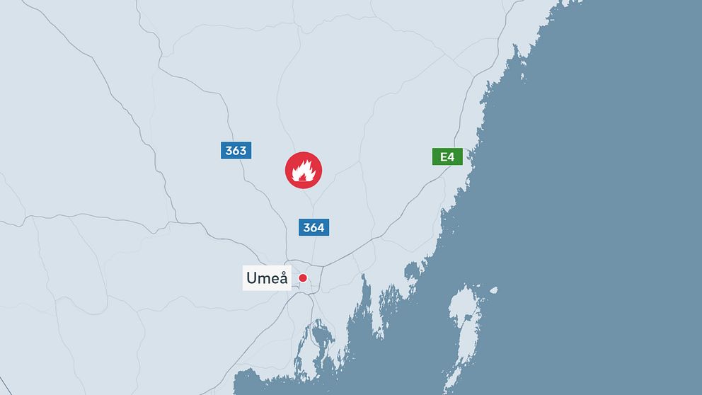 karta över Västerbottens kust och branden markerad