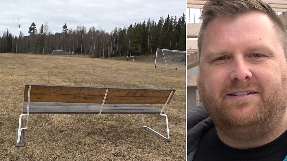 Tvådelad bild. Vänster: tom fotbollsplan i Stugun med bänk, bakgrund med skog.