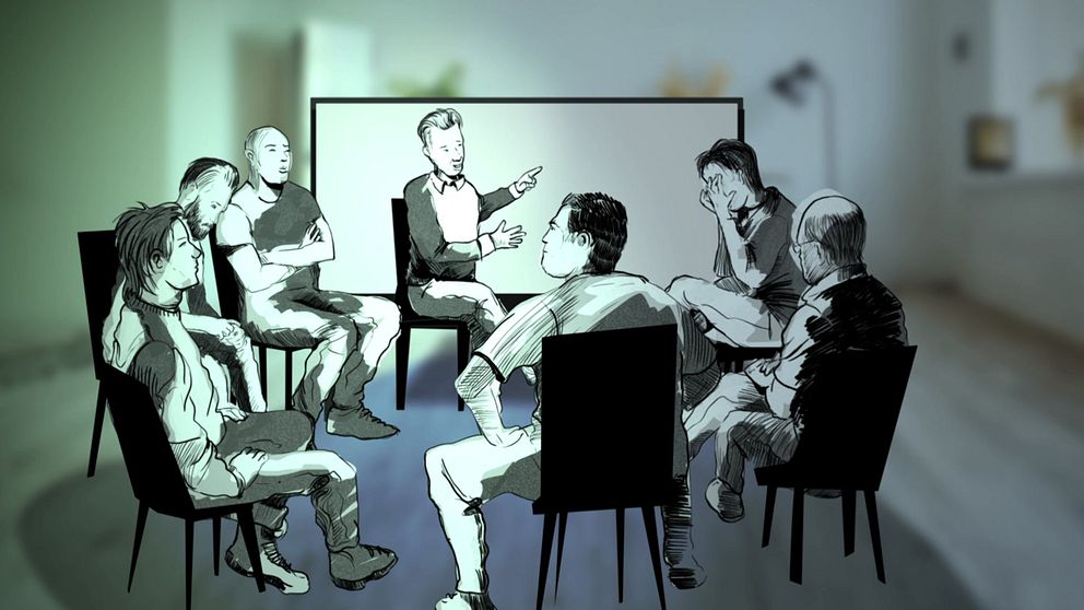 En illustration av en diskussionsgrupp där en person står och pratar inför en cirkel av sittande deltagare. Deltagarna har varierande kroppsspråk och uttryck, vilket antyder att de är engagerade i samtalet.  Peter Rahm är gruppledare och nöjd med de resultat han sett bland deltagarna under våren.