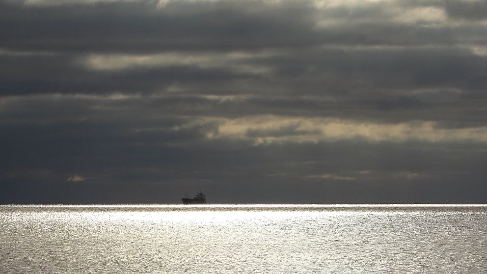 Fartyg vid havshorisonten mot en molnig himmel.