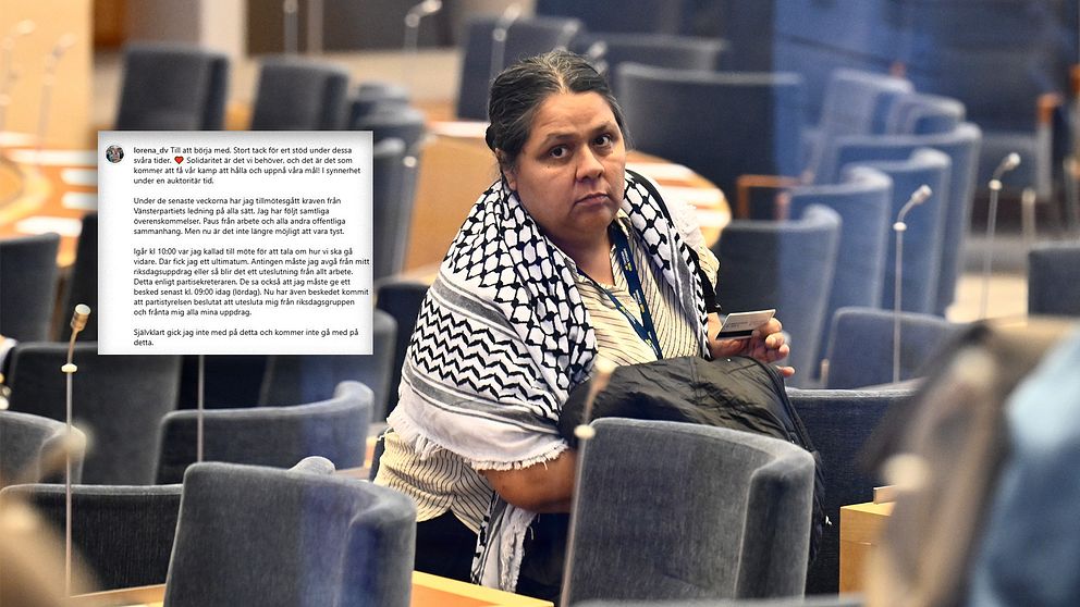 Person med palestinasjal i riksdagssal, utdrag ur textmeddelande synligt till vänster.