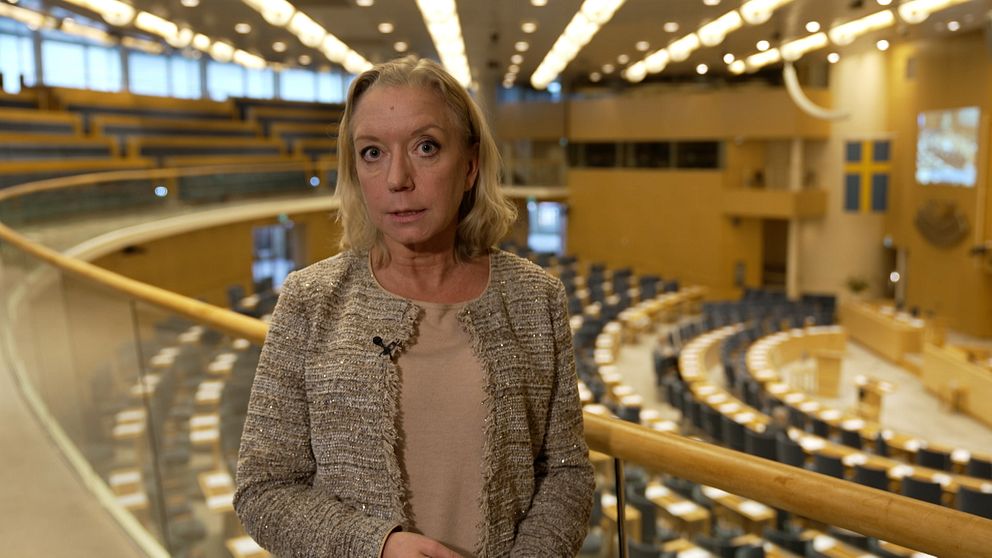 En person står i bakgrunden av en svensk parlamentskammare med rader av tomma stolar och Sveriges flagga synlig på väggen.