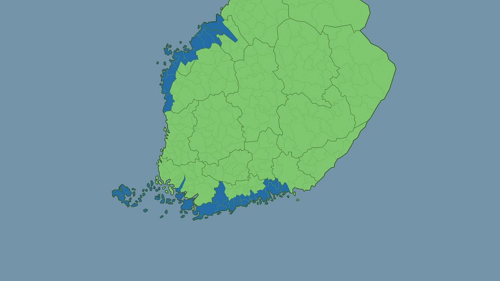 kartta Suomen alueista, joilla puhutaan ruotsia