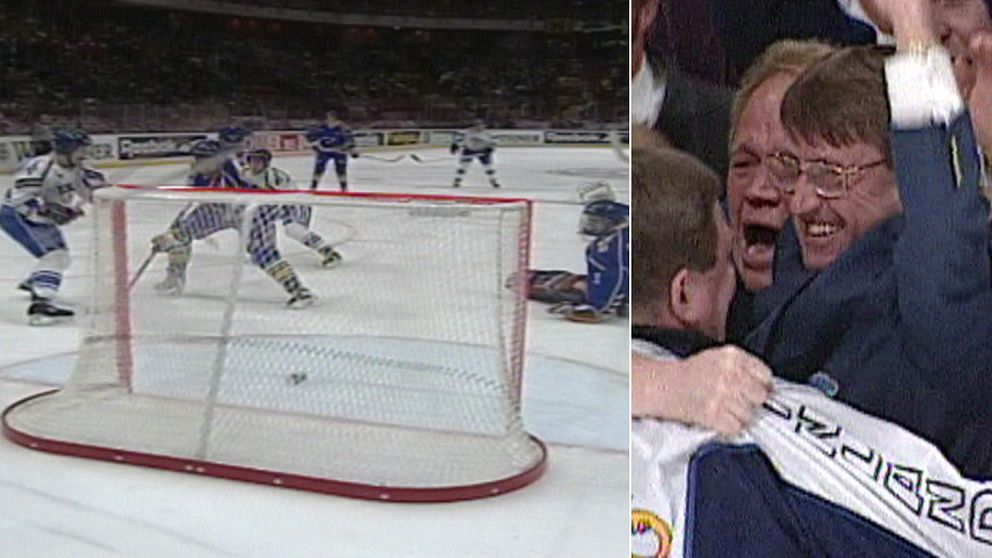 Finlands ishockeylandslags huvudtränare Kurt (Curre) Lindström (på bilden i mitten) firar ett segermål mot Sverige i ishockey-VM för 30 år sedan.