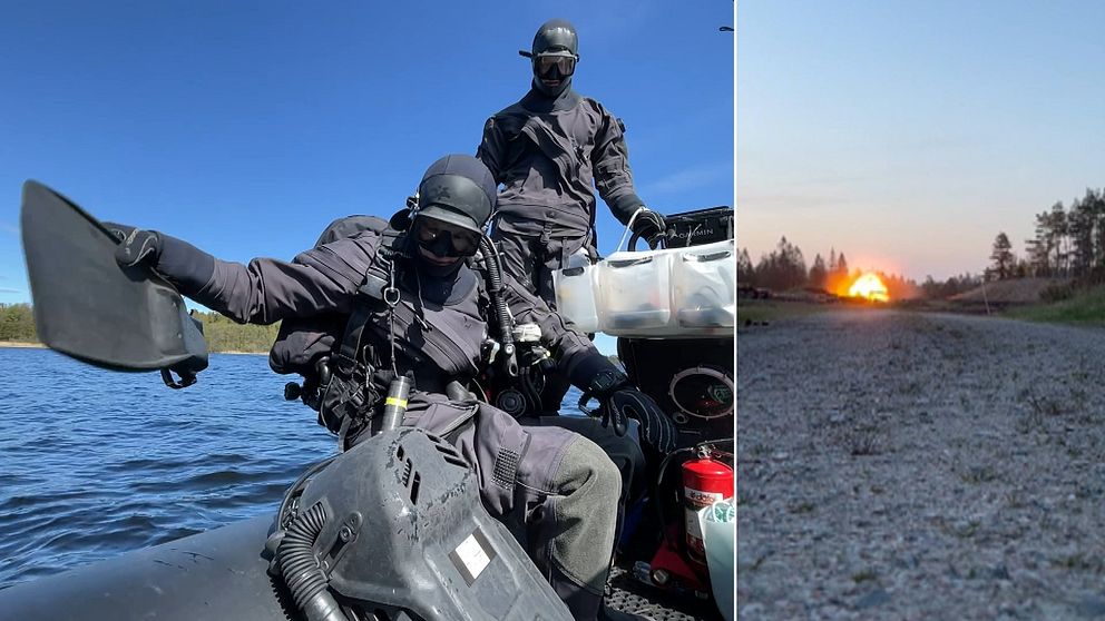 Delad bild. Till vänster: dykare stiger upp ur vattnet. Till höger: explosion på avstånd.
