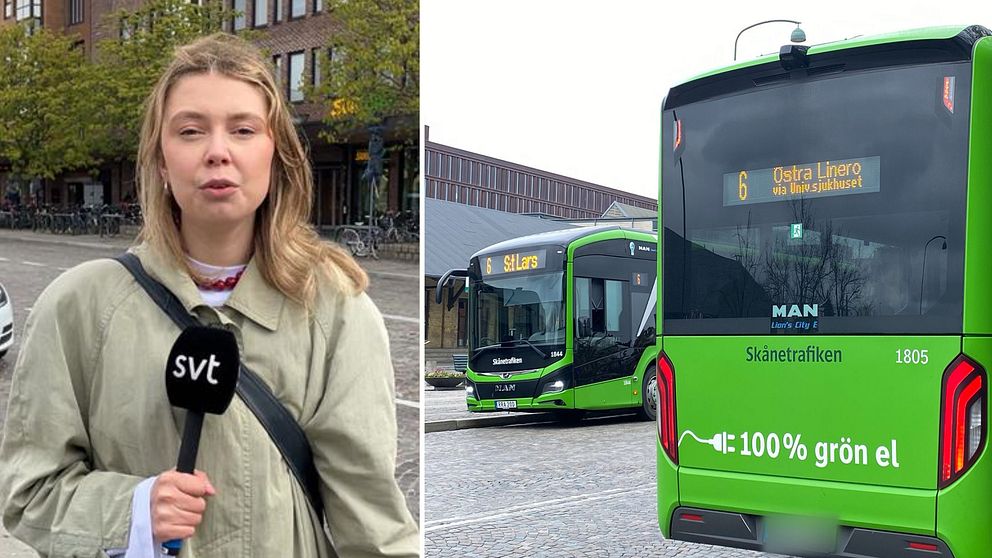 Tvådelad bild. Vänster: reporter med SVT-mikrofon. Höger: gröna elbussar i stadsmiljö.