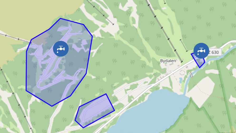 Karta över delarna i Bydalen som berörs av dricksvatten-restriktionerna.